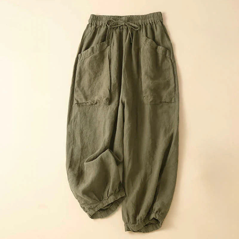 Buddha Stones Commute Women's Plain Harem Capri Cotton Pants With Pockets