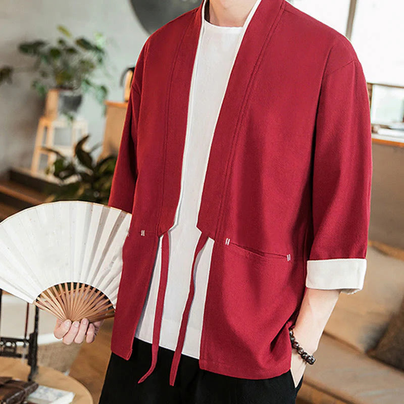 Buddha Stones Lace-Up Design Jacket Cotton Linen Men's Three Quarter Sleeve Kimono With Pockets