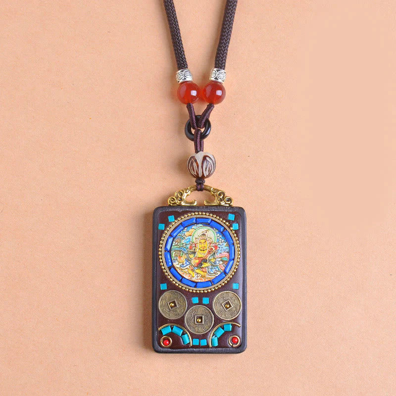 Buddha Stones Thangka Yin Yang Copper Coins Ebony Wood Zakiram Balance Pendant Necklace