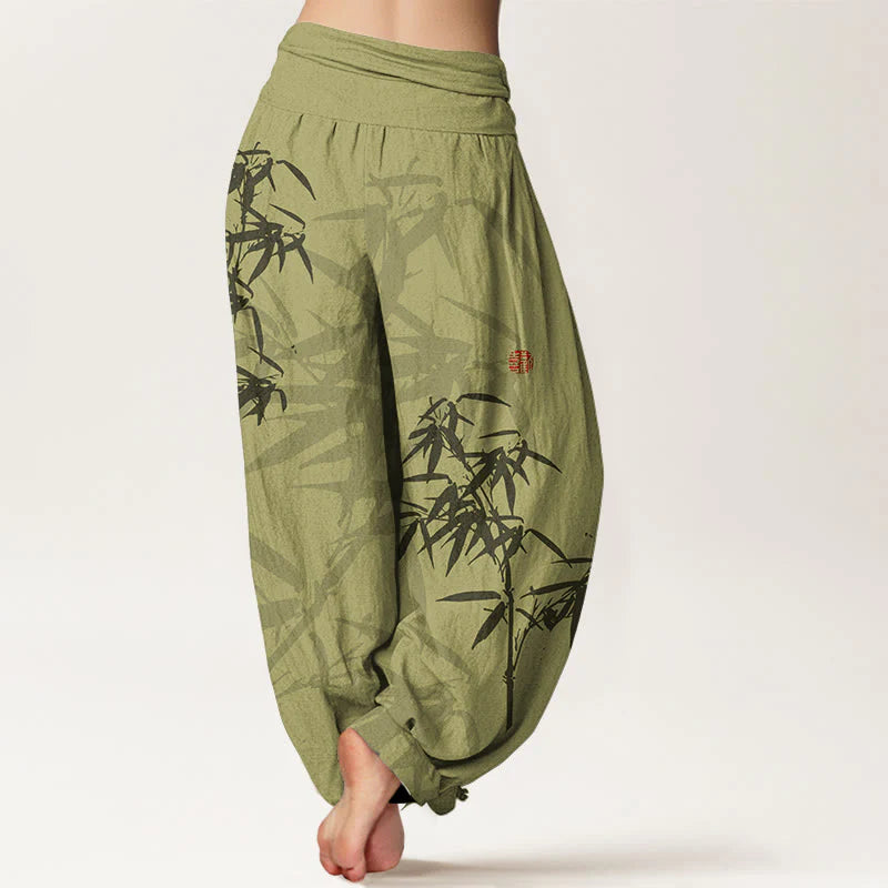 Buddha Stones Print Pure Cotton Bamboo Leaves Pattern Women's Elastic Waist Harem Pants