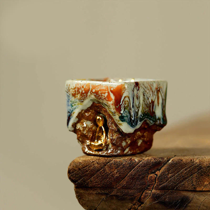 Buddha Stones Hand-painted Dunhuang Meditating Buddha Shino Ceramic Teacup Kung Fu Tea Cup
