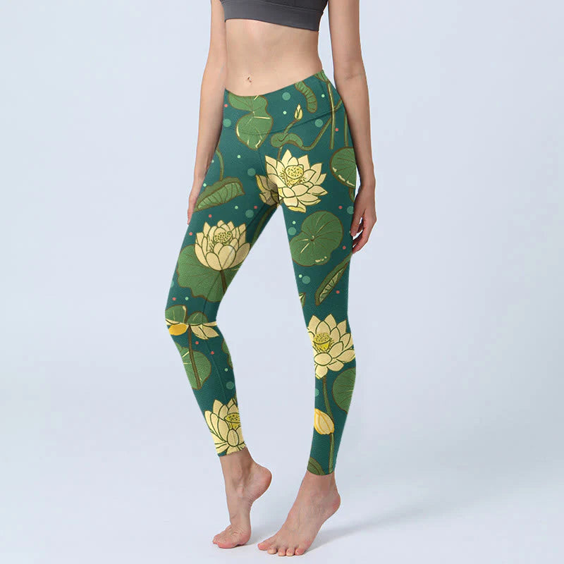 Buddha Stones Blooming Lotus Flower Lotus Leaves Pattern Print Gym Leggings Women's Yoga Pants