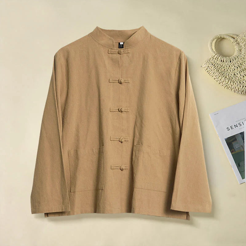 Buddha Stones Ethnic Frog-Button Long Sleeve Stand Collar Women's Cotton Shirt With Pockets