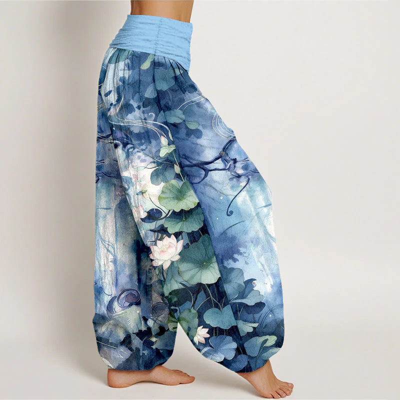 Buddha Stones Pure Cotton Watercolor Style Lotus Flower Leaf Pattern Women's Elastic Waist Harem Pants