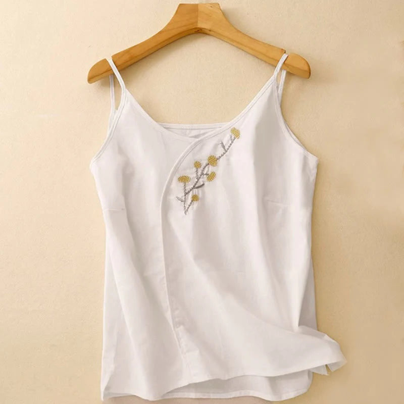 Buddha Stones Ethnic Embroidery Asymmetrical Design Women's Cotton Linen Sleeveless Vest