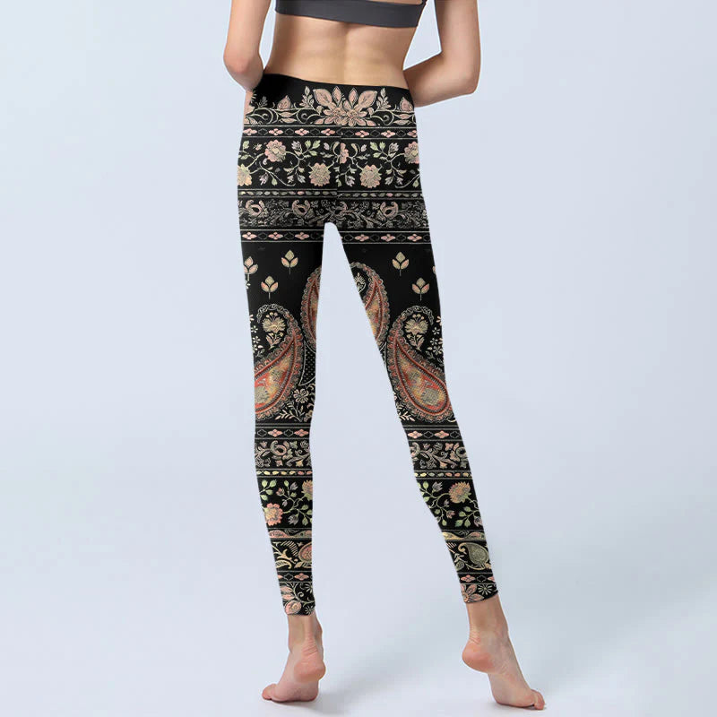 Buddha Stones Retro Repetitive Flower Leaf Vine Pattern Print Gym Leggings Women's Yoga Pants