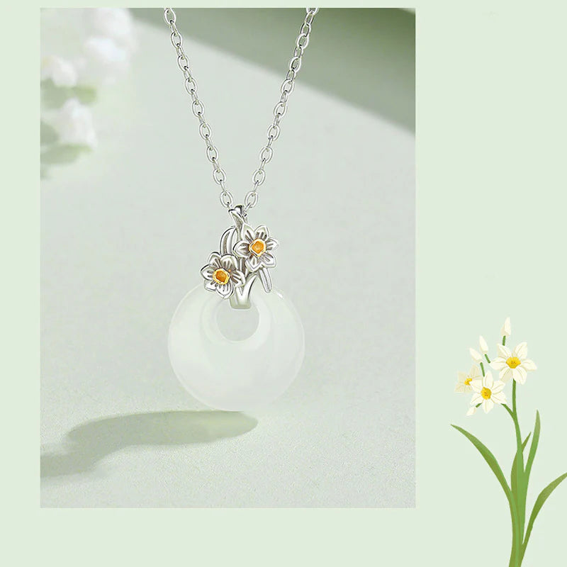Buddha Stones 925 Sterling Silver Round Chalcedony Twelve Months Flower Harmony Necklace Pendant
