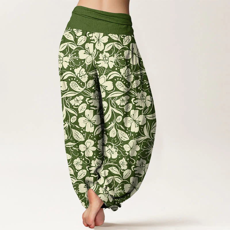 Buddha Stones Cotton Repeated Flowers Leaves Pattern Women's Elastic Waist Harem Pants