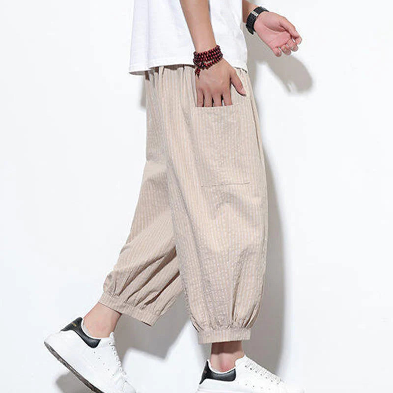 Buddha Stones Casual Striped Men's Cotton 7-8 Length Harem Pants With Pockets