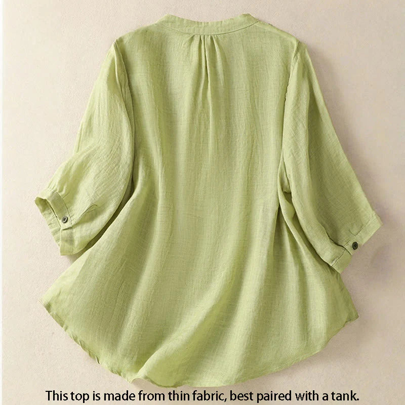 Buddha Stones Embroidery Single Breasted Women's Cotton Linen Three Quarter Sleeve Shirt