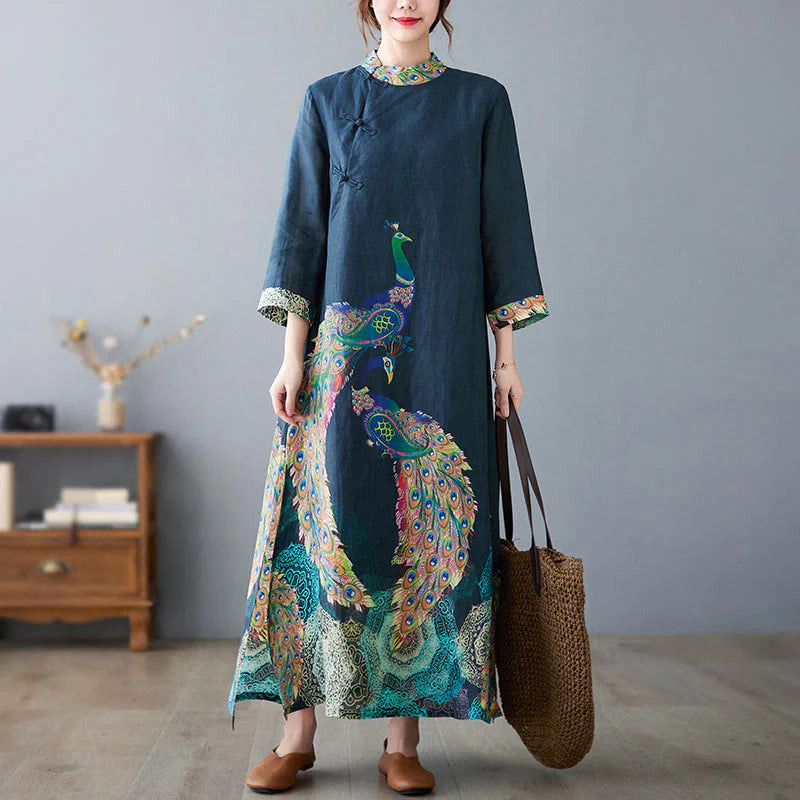 Buddha Stones Fall Colorful Peacocks Mandala Frog-Button Three Quarter Sleeve Cotton Women's Midi Dress