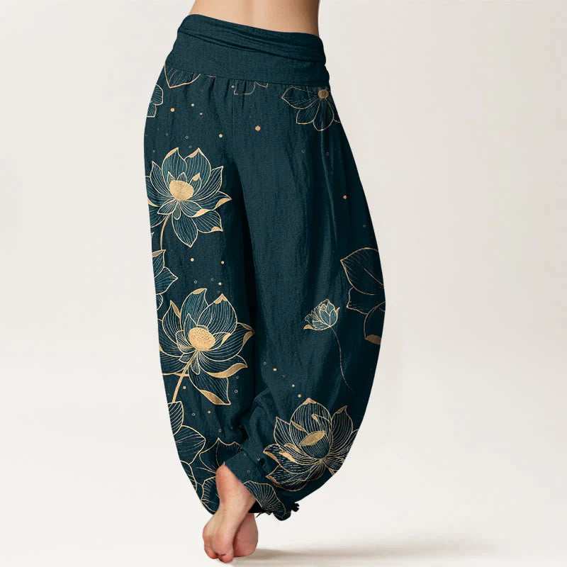 Buddha Stones Pure Cotton Delicate Lotus Pattern Women's Elastic Waist Harem Pants