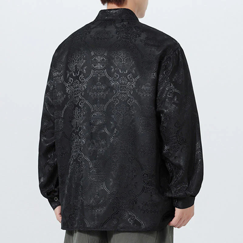 Buddha Stones Spring Jacquard Lapel Long Sleeve Men's Tang Suit Frog-Button Jacket With Pockets