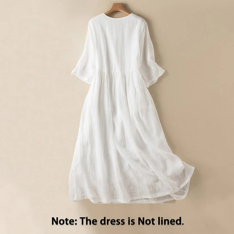 Buddha Stones Summer V-Neck Design Half Sleeve Cotton Midi Dress