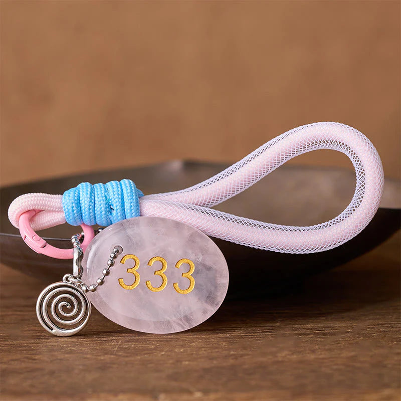 Buddha Stones Wishing Guidance and Strength 333 Angel Number Natural Rose Quartz Key Chain Hanging Decoration Includes Gift Message Card