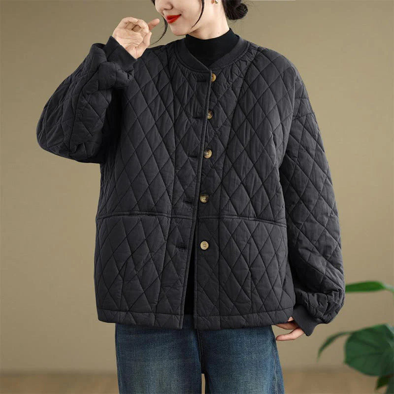 Buddha Stones Diamond Grid Pattern Women's Long Sleeve Cotton Thickened Jacket With Pockets