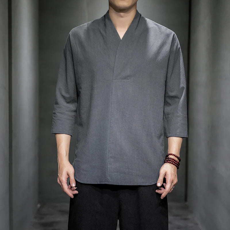Buddha Stones Casual V-Neck Three Quarter Sleeve Shirt Men Clothing
