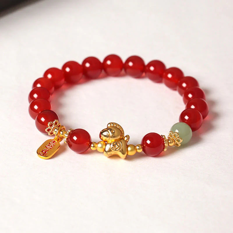 Buddha Stones Year Of The Horse Hetian Jade Black Obsidian Red Agate Strength Bracelet