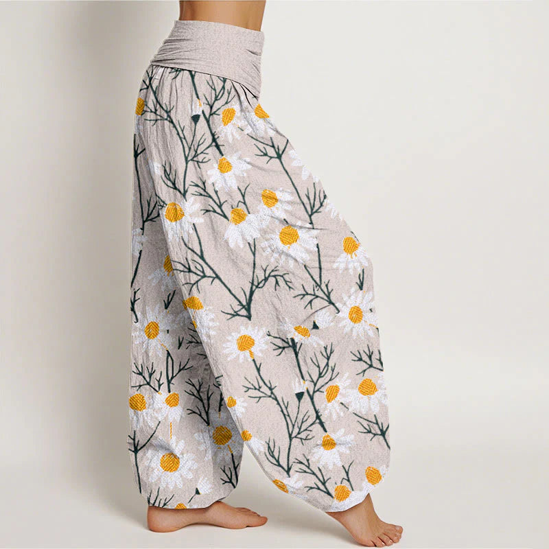 Buddha Stones Cotton White Petals Daisy Pattern Women's Elastic Waist Harem Pants