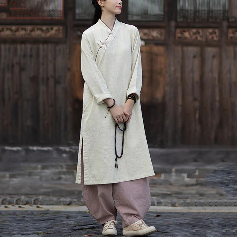Buddha Stones Solid Frog-Button Long Sleeve Ramie Linen Midi Dress Cheongsam With Pockets