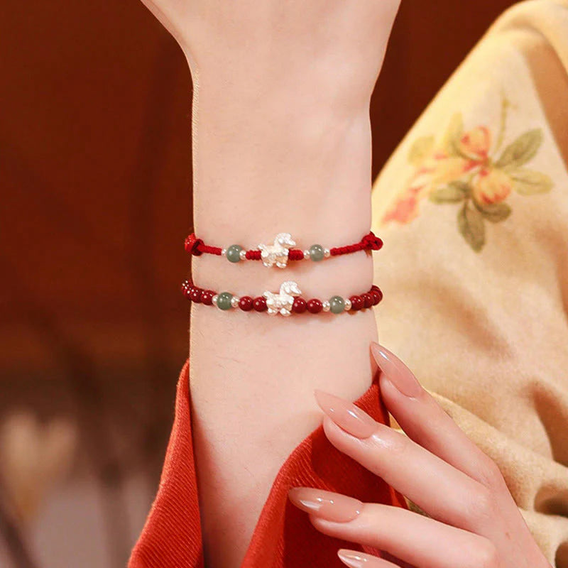 Buddha Stones Year of the Horse Cinnabar Jade Red String Blessing Bracelet