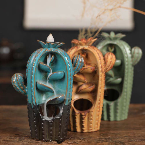 Buddha Stones Cactus Ceramic Healing Backflow Smoke Fountain Incense Burner