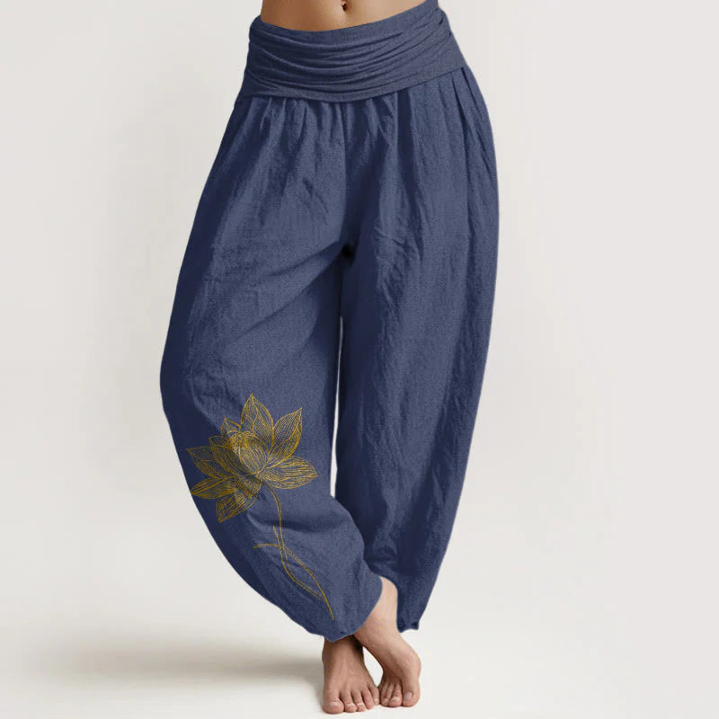 Buddha Stones Pure Cotton Elegant Lotus Flower Pattern Women's Elastic Waist Harem Pants