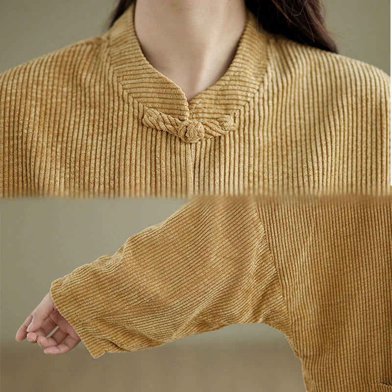 Buddha Stones Frog-button Stand Collar Women's Corduroy Jacket