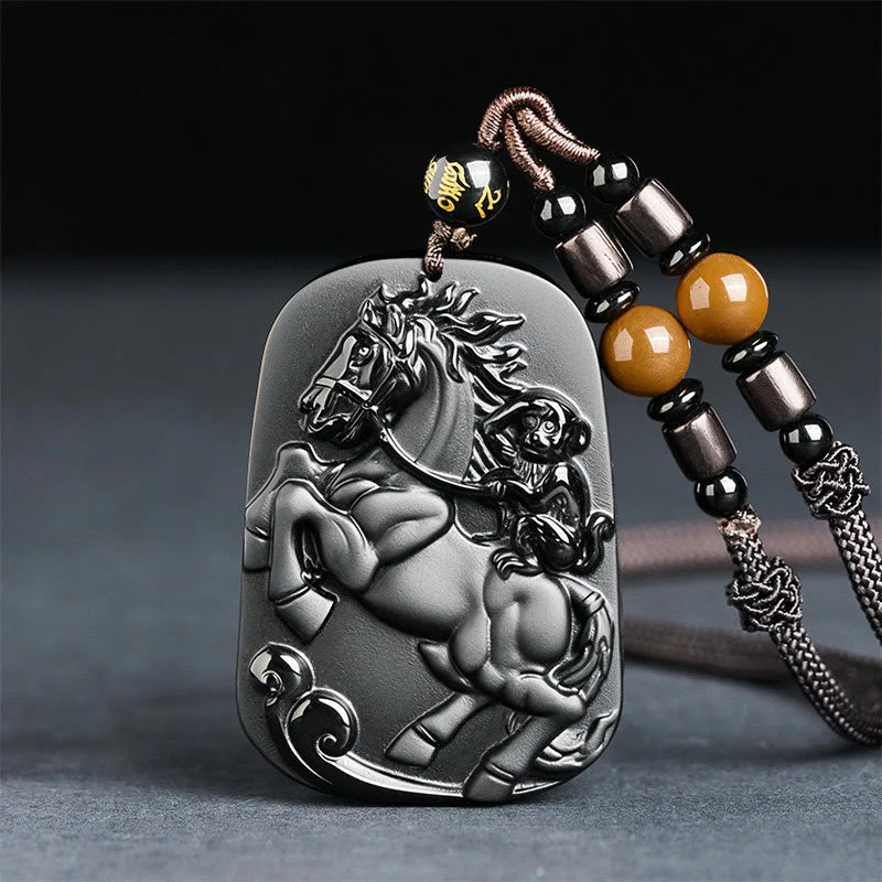 Buddha Stones Year of the Horse Monkey Pattern Om Mani Padme Hum Black Obsidian Strength Necklace Pendant