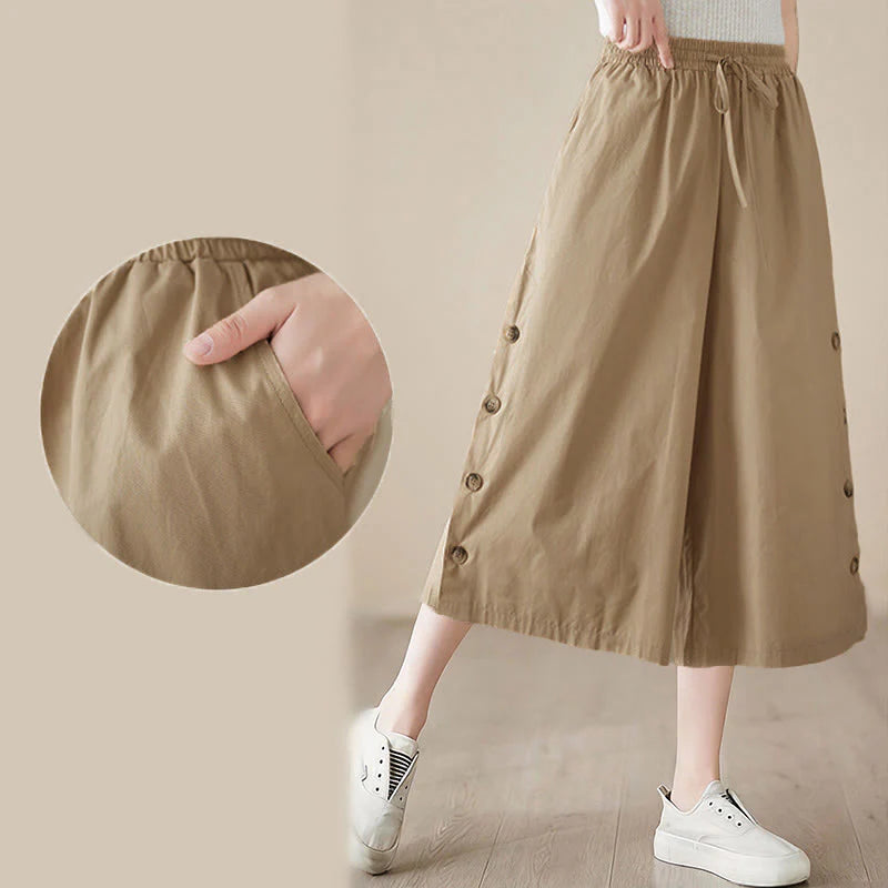 Buddha Stones Plain Buttoned Side Design Capri Cropped Women's Wide Leg Pants With Pockets