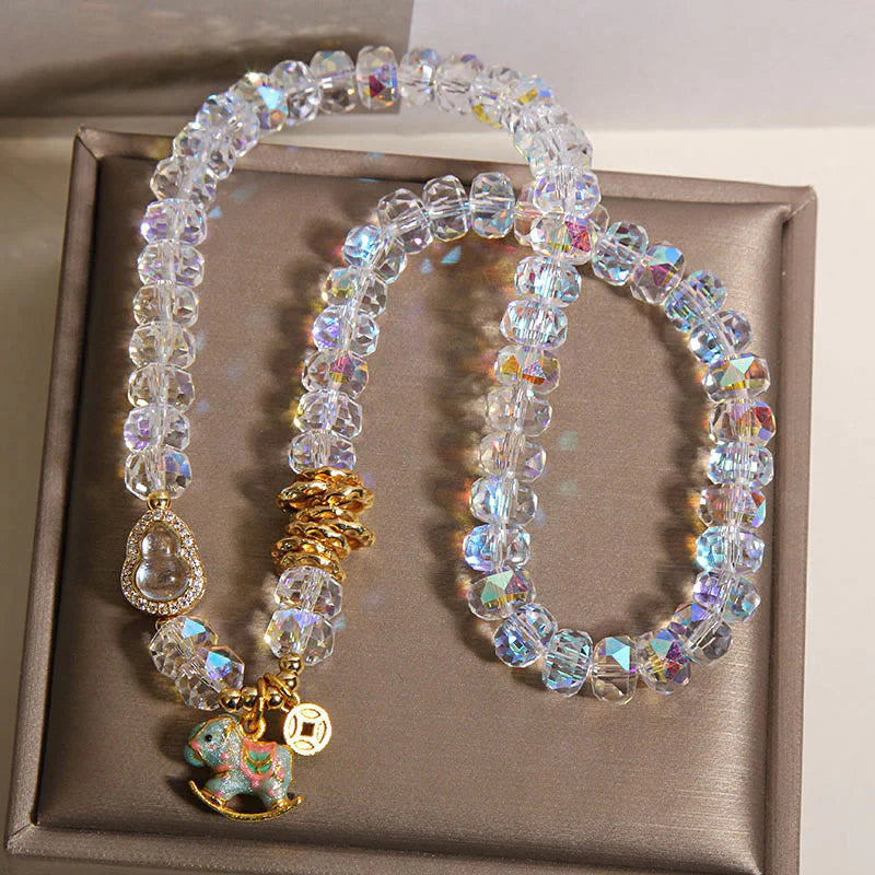 Buddha Stones Chinese Zodiac Year Of The Horse Crystal Glass Copper Coin Gourd Double Wrap Bracelet