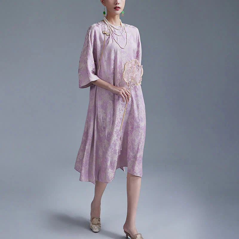 Buddha Stones Small Flower Leaf Jacquard Chinese Cheongsam Qipao Midi Dress With Pockets