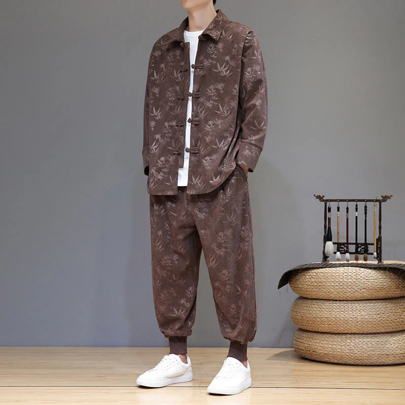 Buddha Stones 2Pcs Winter Thick Bamboo Men's Tang Suit Frog-Button Cotton Corduroy Long Sleeve Jacket Pants Set With Pockets