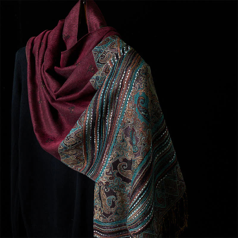 Buddha Stones Spring Cashew Flower Stripe Geometric Pattern Tassel Soft Scarf Shawl