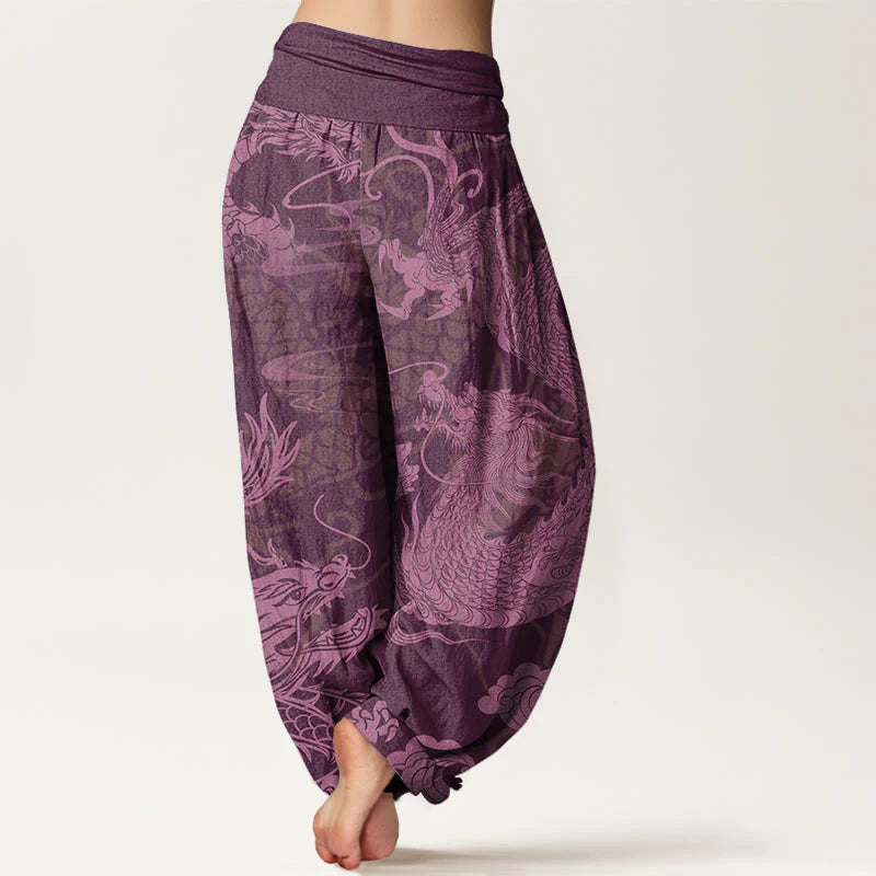 Buddha Stones Cotton Dragon Auspicious Clouds Women's Elastic Waist Harem Pants