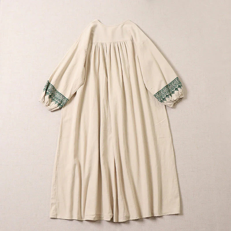 Buddha Stones Casual Artistic Geometric Embroidery Button Front Long Lantern Sleeve Cotton Linen Midi Dress