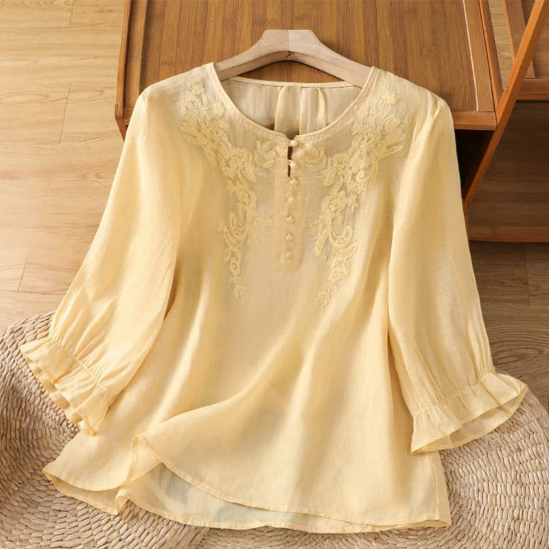 Buddha Stones Flower Vines Embroidery Button Crew Neck Three Quarter Sleeve Women's Cotton Shirt