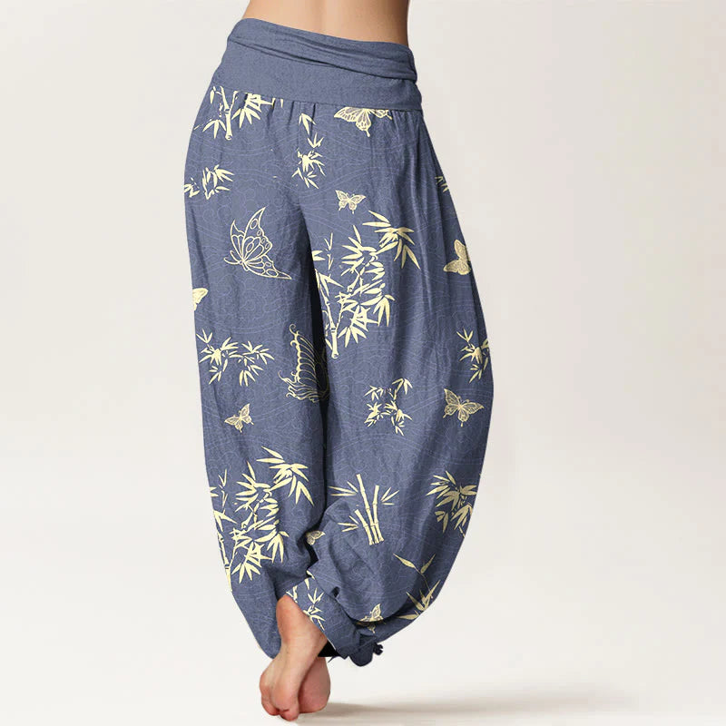 Buddha Stones Cotton Elegant Butterfly Bamboo Pattern Women's Elastic Waist Harem Pants