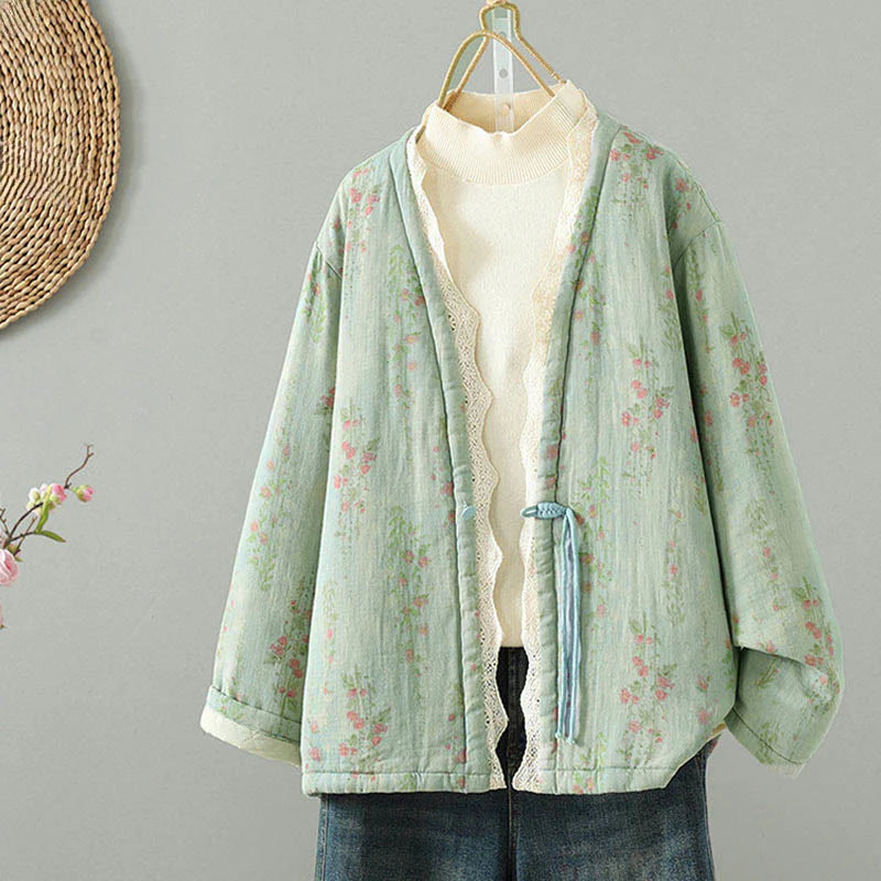 Buddha Stones Winter Lace Patchwork Long Sleeve Cotton Women's Thermal Jacket With Pockets