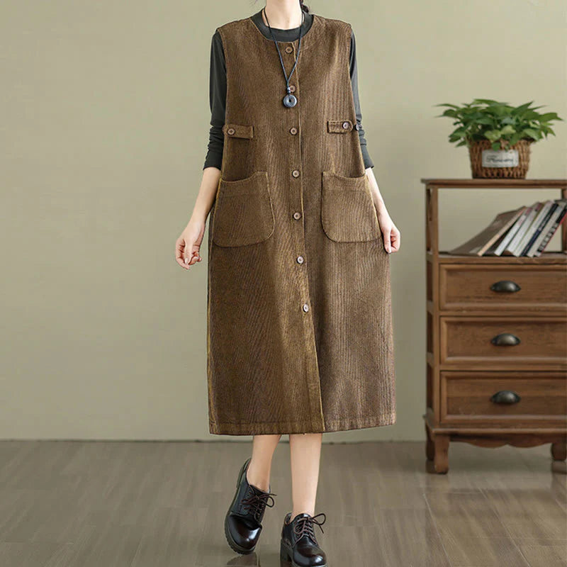 Buddha Stones Pure Colo Buttons Sleeveless Midi Dress With Pockets