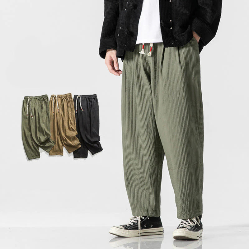 Buddha Stones Fall Solid Color Drawstring Men's Ankle-Length Harem Pants With Pockets