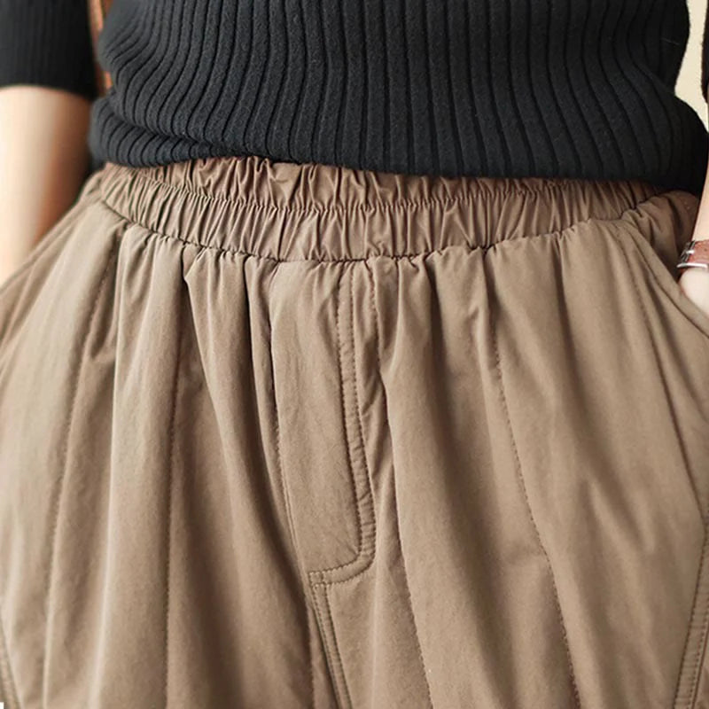 Buddha Stones Winter Plain High Waist Cotton Women's Harem Thermal Elastic Waist Pants With Pockets