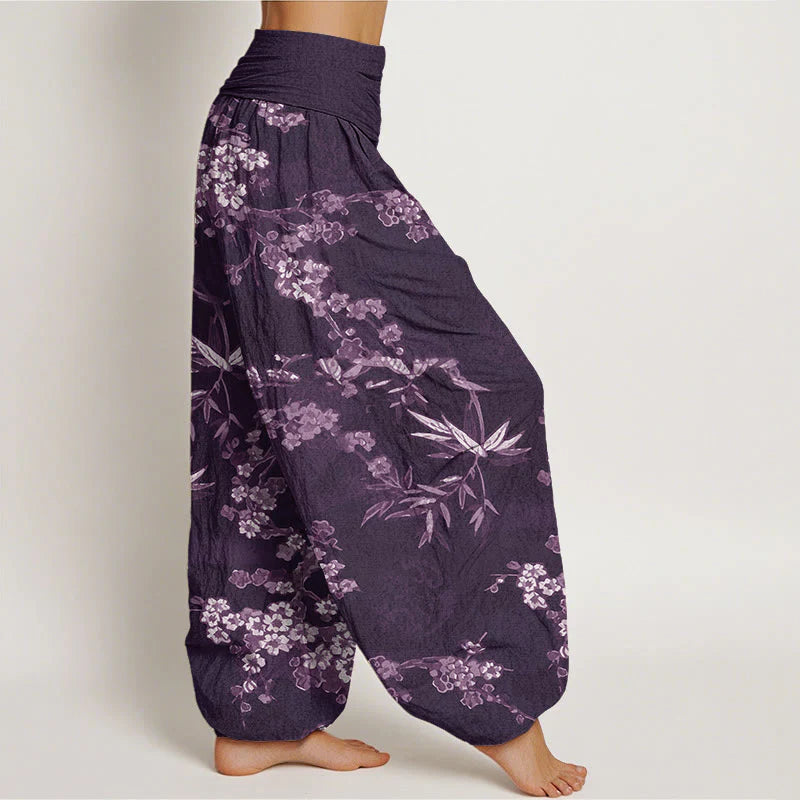 Buddha Stones Cotton White Sakura Flower Pattern Women's Elastic Waist Harem Pants