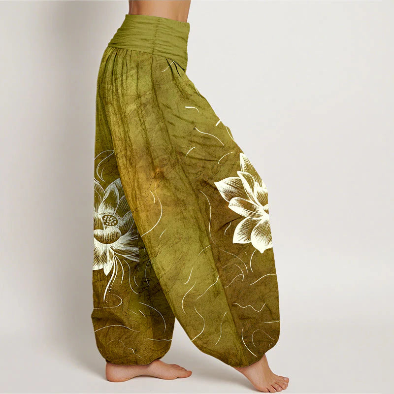 Buddha Stones Pure Cotton Lotus Flower Pattern Women's Elastic Waist Harem Pants