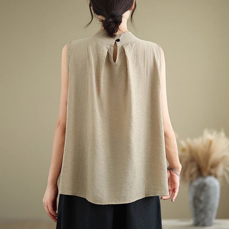 Buddha Stones Casual Plain Back Buttom Design Stand Collar Cotton Linen Women's Sleeveless Vest