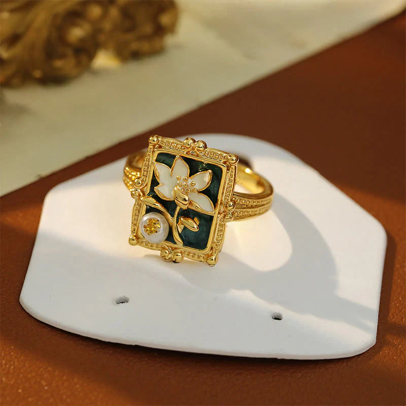 Buddha Stones Vintage Oil Painting Lotus Flower Pearl Copper Wealth Ring