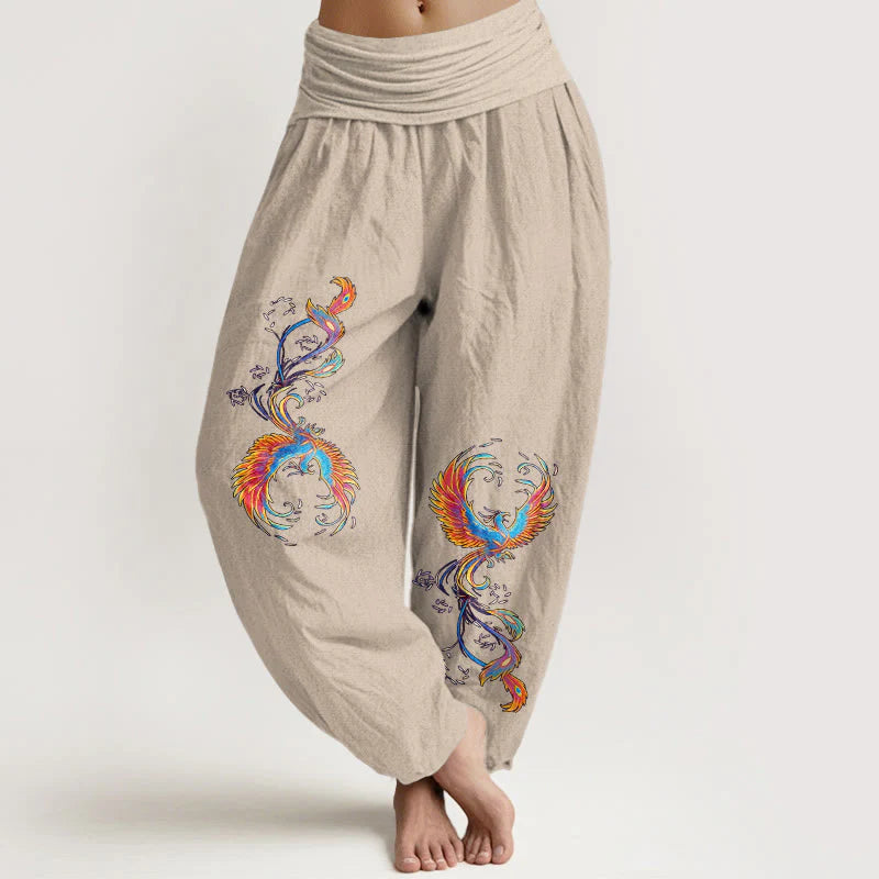 Buddha Stones Pure Cotton Gorgeous Phoenix Pattern Women's Elastic Waist Harem Pants