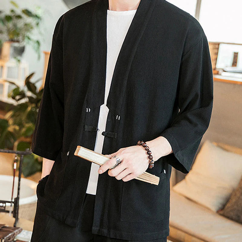 Buddha Stones Plain Chinese Frog-Button Jacket Cotton Linen Men's Three Quarter Sleeve Kimono