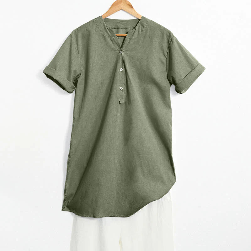 Buddha Stones Casual Plain Button Notched Collar Women's Short Sleeve Shirt