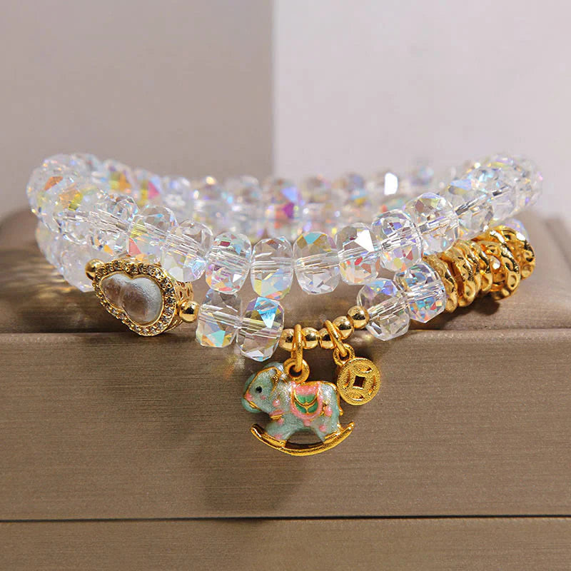 Buddha Stones Chinese Zodiac Year Of The Horse Crystal Glass Copper Coin Gourd Double Wrap Bracelet
